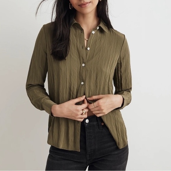 Madewell Crinkled Button Up Shirt Olive Green Medium - Picture 9 of 9